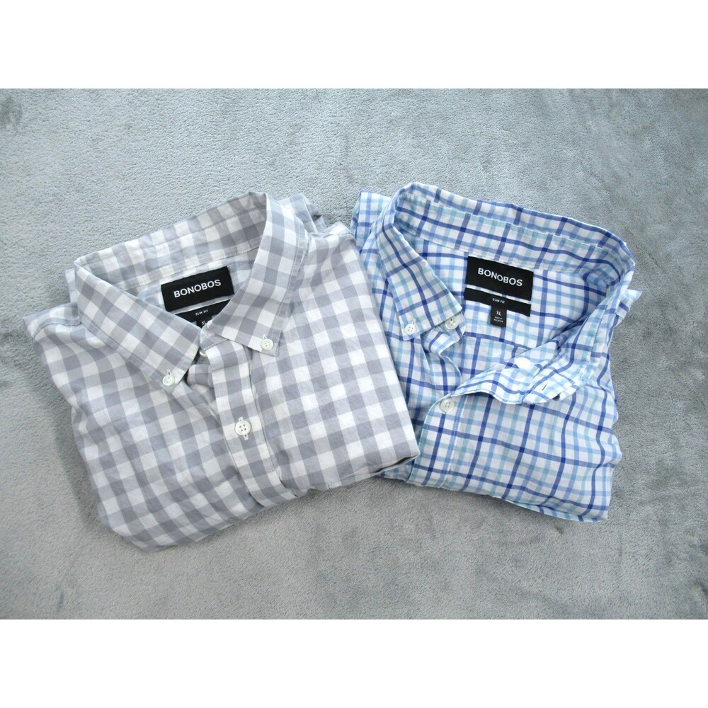 2pcs Bonobos Shirt Mens XL Slim Fit Plaid Blue Gray Long Slv Button Up Preppy